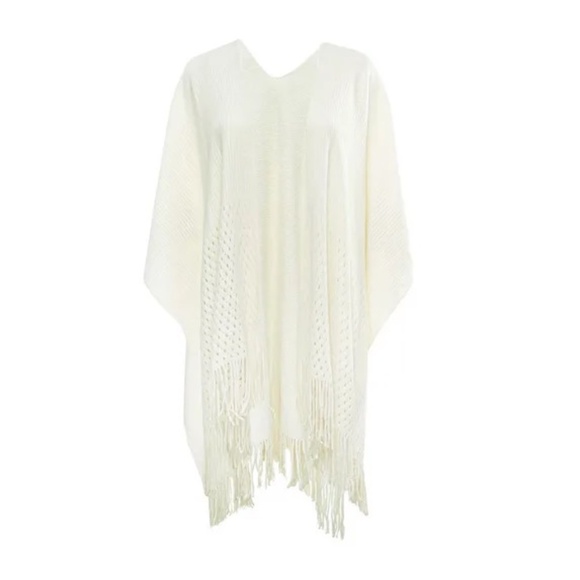 The Skyline Collection Women's Ivory and Black Fringed Open Front Shawl Sweater - Picture 2 of 14